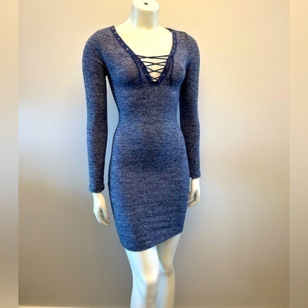 POOF! sexy form fitting long sleeve flattering dress. Heather blue. Lace up top